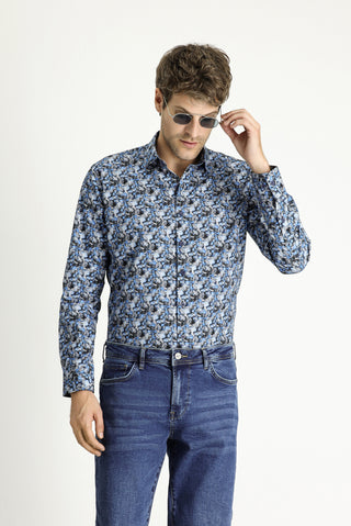  Koyu Mavi  Uzun Kol Slim Fit Dar Kesim Baskılı Pamuk Gömlek