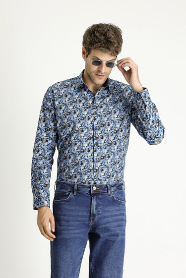 Koyu Mavi  Uzun Kol Slim Fit Dar Kesim Baskılı Pamuk Gömlek