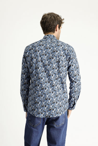 Koyu Mavi  Uzun Kol Slim Fit Dar Kesim Baskılı Pamuk Gömlek