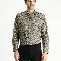 Hardal Uzun Kol Slim Fit Dar Kesim Baskılı Pamuk Gömlek