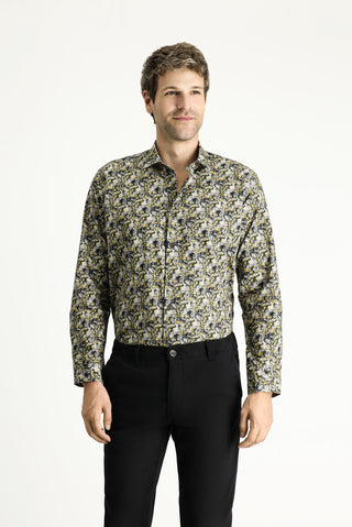  Hardal Uzun Kol Slim Fit Dar Kesim Baskılı Pamuk Gömlek