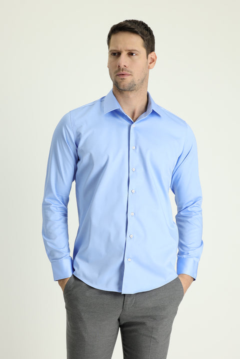 Açık Mavi Uzun Kol Slim Fit Dar Kesim Klasik Pamuk Gömlek