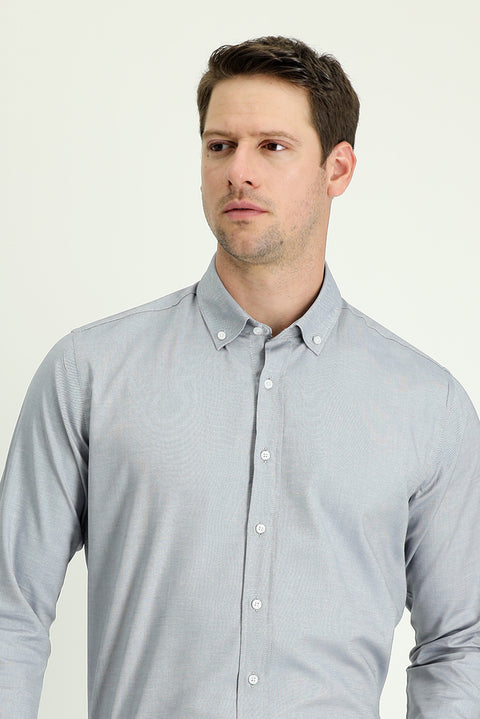 Medium Grey Long Sleeve Slim Fit Narrow Cut Oxford Cotton Button-Down Collar Shirt