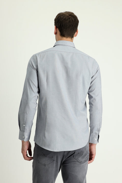 Medium Grey Long Sleeve Slim Fit Narrow Cut Oxford Cotton Button-Down Collar Shirt