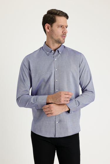  Koyu Lacivert Uzun Kol Slim Fit Dar Kesim Oxford Pamuk Düğmeli Yaka Gömlek