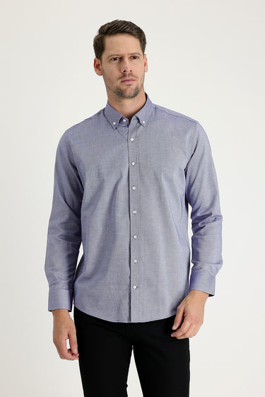  Koyu Lacivert Uzun Kol Slim Fit Dar Kesim Oxford Pamuk Düğmeli Yaka Gömlek