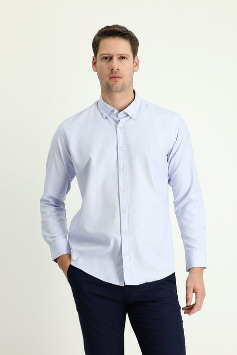 Açık Mavi Uzun Kol Slim Fit Dar Kesim Oxford Pamuk Düğmeli Yaka Gömlek