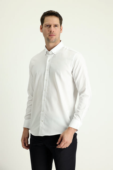 Beyaz Uzun Kol Slim Fit Dar Kesim Oxford Pamuk Düğmeli Yaka Gömlek