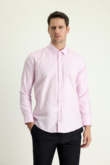  Toz Pembe Uzun Kol Slim Fit Dar Kesim Oxford Pamuk Düğmeli Yaka Gömlek