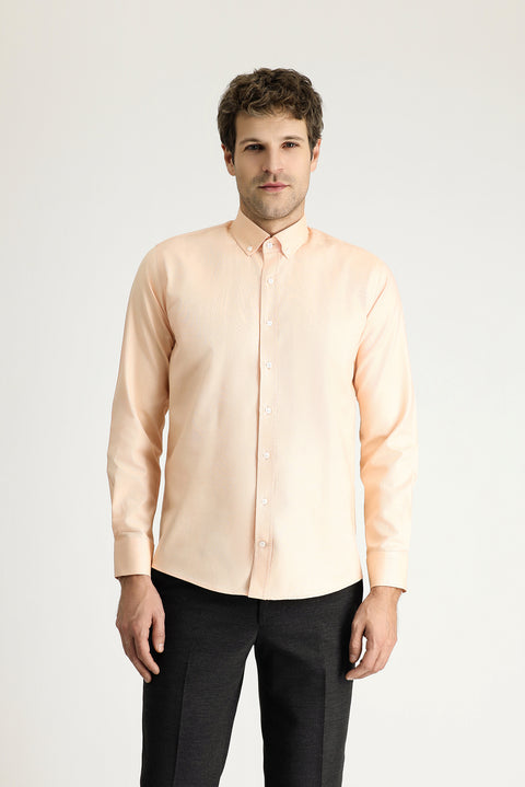 Baby Pink Long Sleeve Slim Fit Narrow Cut Oxford Cotton Button-Down Collar Shirt
