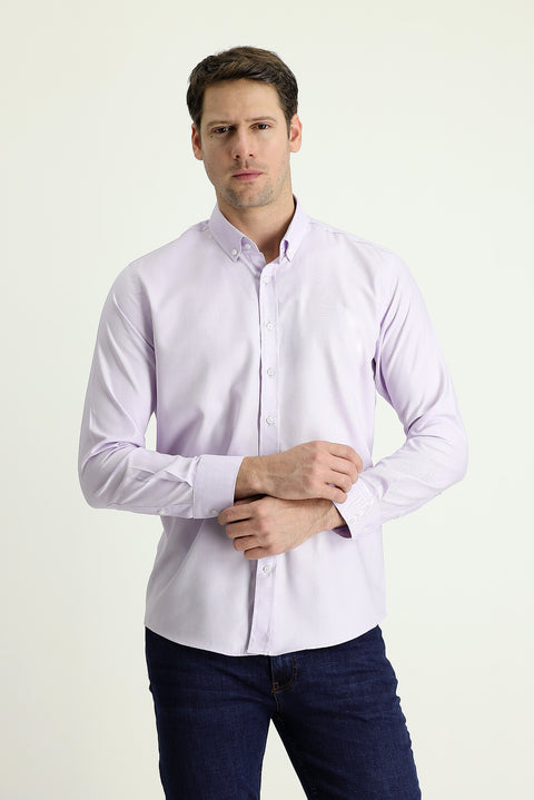 Lila Uzun Kol Slim Fit Dar Kesim Oxford Pamuk Düğmeli Yaka Gömlek