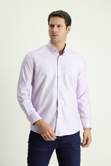  Lila Uzun Kol Slim Fit Dar Kesim Oxford Pamuk Düğmeli Yaka Gömlek