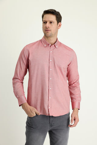  Açık Kırmızı Uzun Kol Slim Fit Dar Kesim Oxford Pamuk Düğmeli Yaka Gömlek