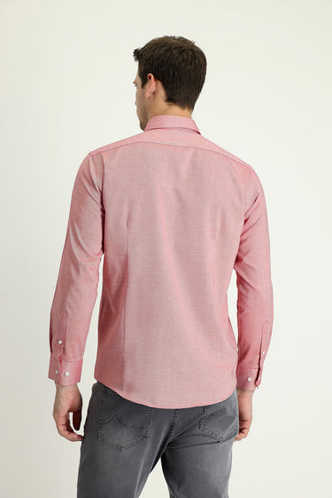 Açık Kırmızı Uzun Kol Slim Fit Dar Kesim Oxford Pamuk Düğmeli Yaka Gömlek