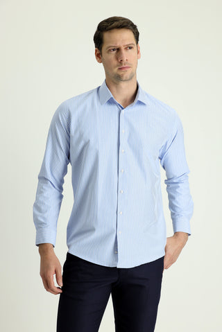  Açık Mavi Uzun Kol Slim Fit Dar Kesim Klasik Desenli Pamuklu Gömlek