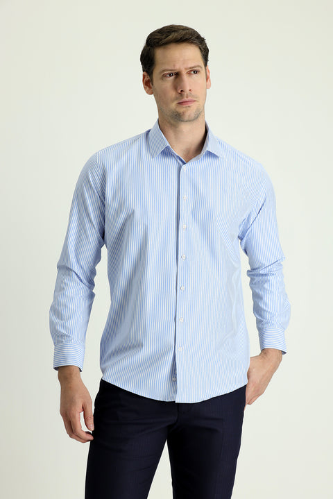 Açık Mavi Uzun Kol Slim Fit Dar Kesim Klasik Desenli Pamuklu Gömlek
