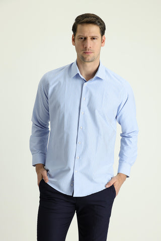  Açık Mavi Uzun Kol Slim Fit Dar Kesim Klasik Desenli Pamuklu Gömlek