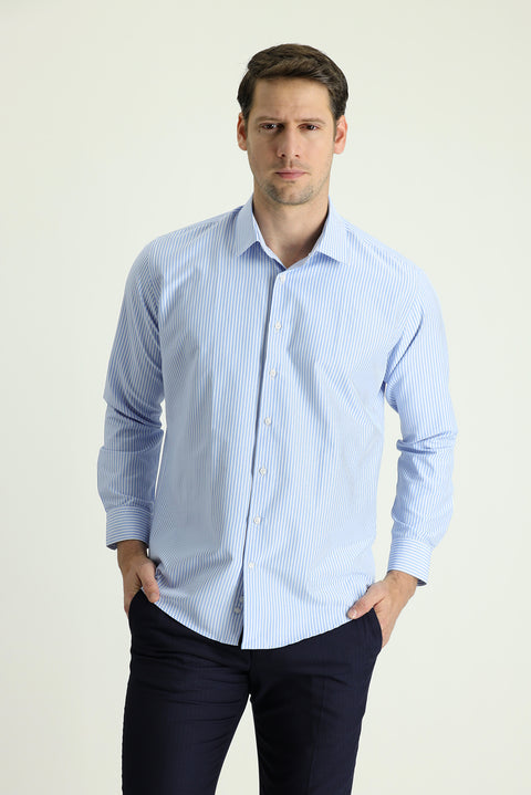 Açık Mavi Uzun Kol Slim Fit Dar Kesim Klasik Desenli Pamuklu Gömlek