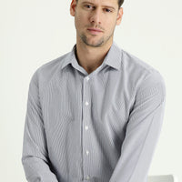 Orta Lacivert Uzun Kol Slim Fit Dar Kesim Spor Çizgili Gömlek