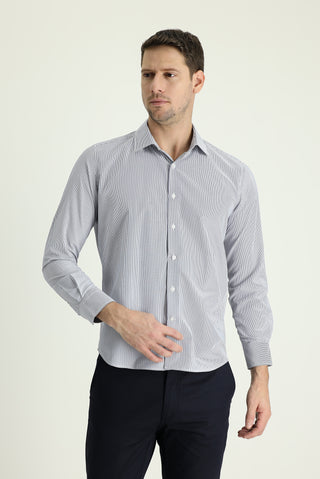  Orta Lacivert Uzun Kol Slim Fit Dar Kesim Spor Çizgili Gömlek