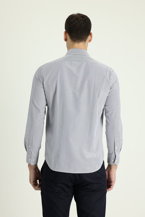 Orta Lacivert Uzun Kol Slim Fit Dar Kesim Spor Çizgili Gömlek