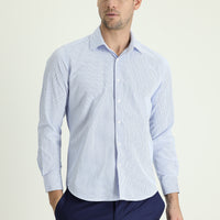 Açık Mavi Uzun Kol Slim Fit Dar Kesim Spor Çizgili Gömlek
