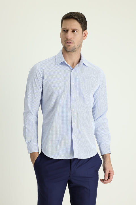 Açık Mavi Uzun Kol Slim Fit Dar Kesim Spor Çizgili Gömlek