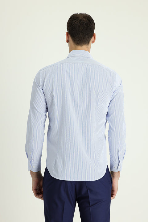 Açık Mavi Uzun Kol Slim Fit Dar Kesim Spor Çizgili Gömlek