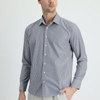 Koyu Lacivert Uzun Kol Slim Fit Dar Kesim Klasik Çizgili Pamuklu Kolay Ütülenebilir Gömlek