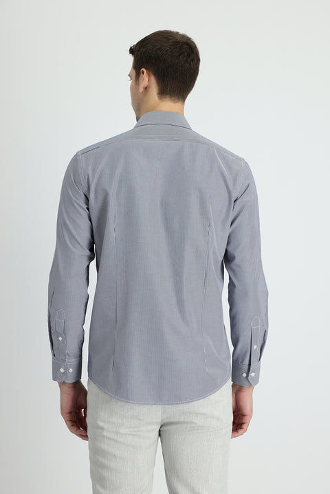 Koyu Lacivert Uzun Kol Slim Fit Dar Kesim Klasik Çizgili Pamuklu Kolay Ütülenebilir Gömlek