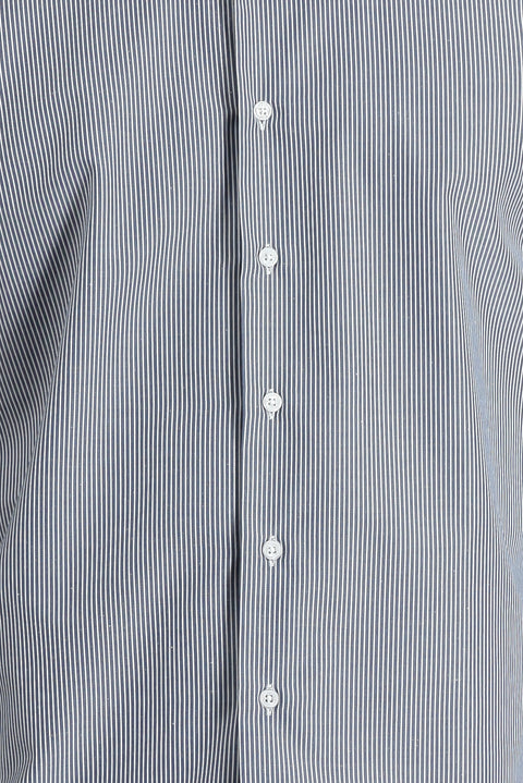 Koyu Lacivert Uzun Kol Slim Fit Dar Kesim Klasik Çizgili Pamuklu Kolay Ütülenebilir Gömlek