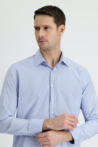  Açık Mavi Uzun Kol Slim Fit Dar Kesim Klasik Çizgili Pamuklu Kolay Ütülenebilir Gömlek