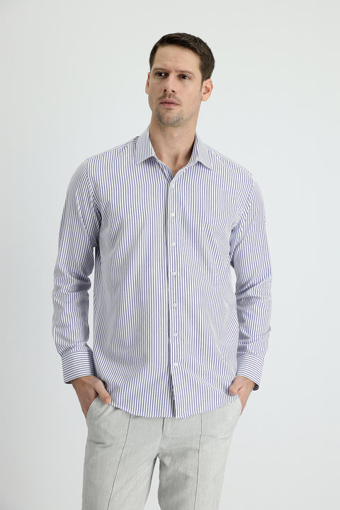Orta Lacivert Uzun Kol Slim Fit Dar Kesim Çizgili Pamuklu Gömlek