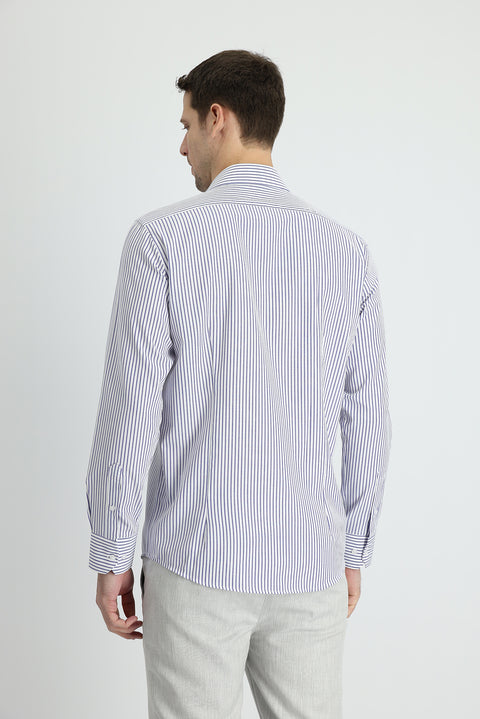 Orta Lacivert Uzun Kol Slim Fit Dar Kesim Çizgili Pamuklu Gömlek