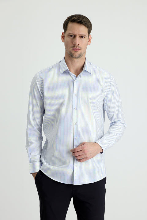 Açık Mavi Uzun Kol Slim Fit Dar Kesim Çizgili Gömlek