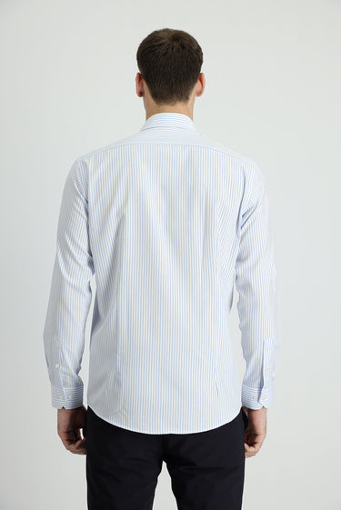 Açık Mavi Uzun Kol Slim Fit Dar Kesim Çizgili Gömlek