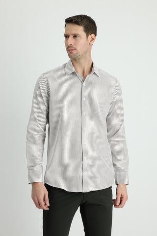  Orta Haki Uzun Kol Slim Fit Dar Kesim Çizgili Gömlek