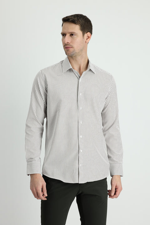 Orta Haki Uzun Kol Slim Fit Dar Kesim Çizgili Gömlek