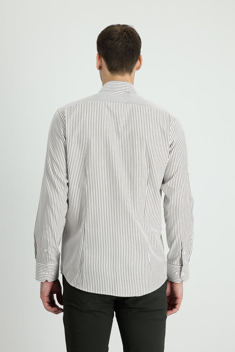 Orta Haki Uzun Kol Slim Fit Dar Kesim Çizgili Gömlek