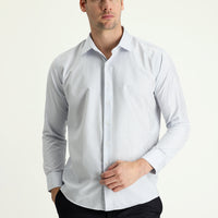 Orta Gri Uzun Kol Slim Fit Dar Kesim Çizgili Pamuklu Gömlek