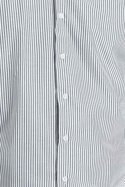 Orta Lacivert Uzun Kol Slim Fit Dar Kesim Çizgili Pamuklu Gömlek