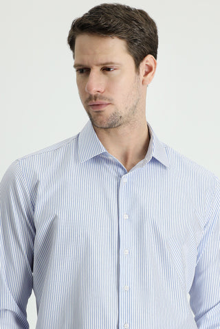  Açık Mavi Uzun Kol Slim Fit Dar Kesim Çizgili Pamuklu Gömlek