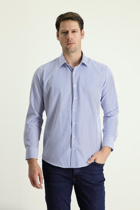 Koyu Mavi  Uzun Kol Slim Fit Dar Kesim Çizgili Pamuklu Gömlek