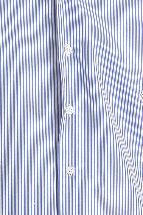 Koyu Mavi  Uzun Kol Slim Fit Dar Kesim Çizgili Pamuklu Gömlek