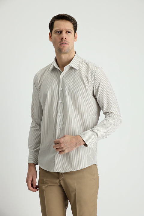 Light Beige Long Sleeve Slim Fit Striped Cotton Shirt