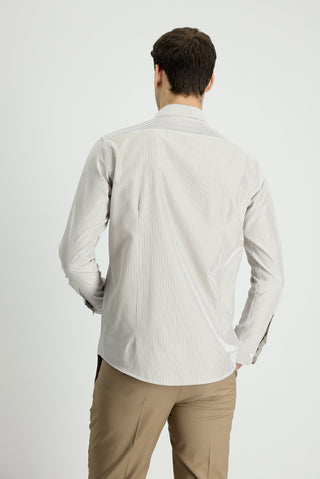  Açık Bej Uzun Kol Slim Fit Dar Kesim Çizgili Pamuklu Gömlek