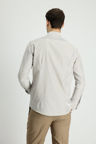 Açık Bej Uzun Kol Slim Fit Dar Kesim Çizgili Pamuklu Gömlek