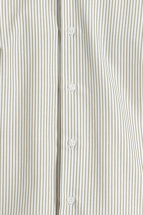 Açık Bej Uzun Kol Slim Fit Dar Kesim Çizgili Pamuklu Gömlek