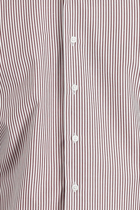 Açık Bordo Uzun Kol Slim Fit Dar Kesim Çizgili Pamuklu Gömlek