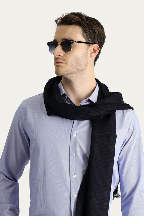 Koyu Mavi  Uzun Kol Slim Fit Dar Kesim Klasik Çizgili Pamuklu Kolay Ütülenebilir Gömlek